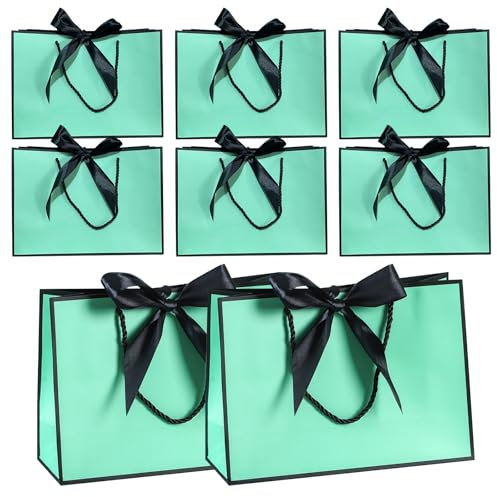 Geschenktüte mit Schleife, Geschenktüten Blau mit Henkel, Papiertüten für Geburtstag, Hochzeit, Weihnachten, 32 x 25 x 11cm (8 Stück)