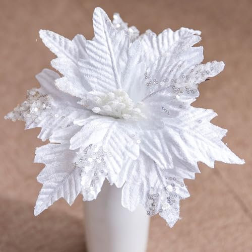Anevous 5 Stück Pailletten Weihnachten Blumen, Glitzer Künstliche Weihnachtsstern, Künstliche Blumen zu Weihnachten, Deko Blumen für Weihnachtsbaum, Hochzeit, Ornamente,Weiß