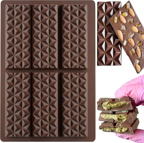 Stampo per Cioccolato in Silicone, 25.5x17cm Stampo per Barretta di Cioccolato per 6 Tavolette di Cioccolato fai da te, per Cioccolatini Fatti in Casa, Waffle, Decorazioni per Torte (Marrone)