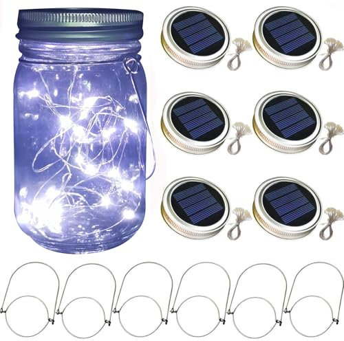 Solar-Einmachglas-Deckel-Lichter, 6 Stück, 30 LEDs, hängende Einmachglas-Lampe, Feen-Lichterkette, mit Aufhängern (ohne Gläser)