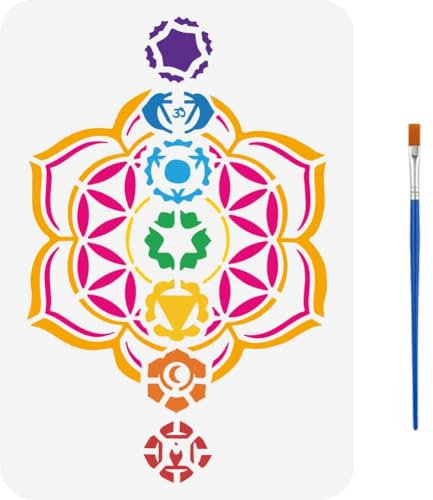 FINGERINSPIRE Blume Des Lebens Schablone 29.7x21cm 7 Chakren Schablone Mit Einem Pinsel Meditation Heilige Geometrie Malschablone Mandala Zeichenvorlagen Für Wandfliesen Bodenpapier Möbel