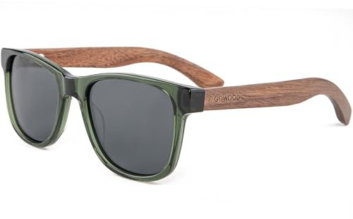 Sunglasses for Men & Women Wood | Premium Real Walnut Wooden Temples & Green Acetate Frame | Polarized Cat3 CE UV400 Protective Lenses (black)