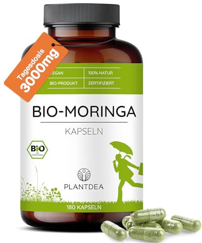 Bio Moringa Kapseln I 3000mg Tagesdosis I 180 Moringa-Kapseln hochdosiert I laborgeprüft I Bio Moringa Pulver I veganes Moringa-Präparat I Ohne Zusätze I PlantDEA