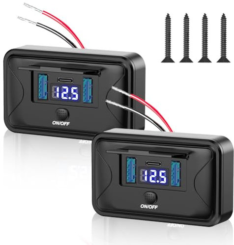 SOARFLY 2 Stück USB Steckdose 12V Wohnmobil, Auto Ladegerät mit LED Voltmeter 72W Dual QC3.0 & PD3.0 Typ C, Handy Schnellladegerät Wasserdicht mit Schalter für Wohnwagen, Auto, Motorrad, LKW