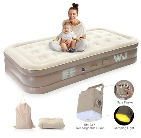 WJ Single Inflatable Air bed, Air Mattress with built-in Electric Pump, Upgraded 5th Generation Pump Self-Inflation/Deflation, Blow Up Mattress Flocked Surface for Home Camping, 190x100x40cm (Single)