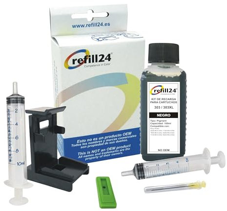 refill24 Nachfüllset für Tintenpatronen, kompatibel mit HP 303 / 303XL, Schwarz, mit Handbuch, 100 ml Tinte, Zubehör für Tango, Envy Inspire, Envy Photo