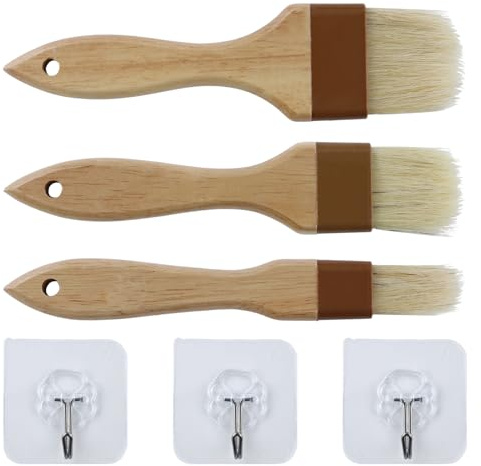 3 pennelli da cottura, pennelli da cucina, pennelli da barbecue, setole naturali, per cottura a olio, resistenti al calore, con manico lungo in legno, per pasticcini, griglie, carne (2,5/4/5 cm)