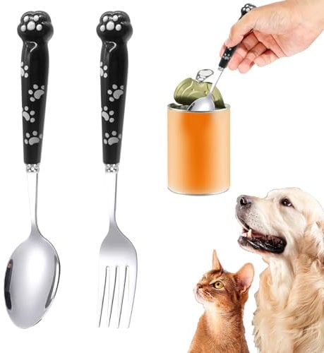 Pet Food Spoon 7.68in, Long Dog Food Fork and Pet Can Spoon Cat Food Spoon Fork Stainless Steel Dog Cat Feeding Spoon for Wet Food