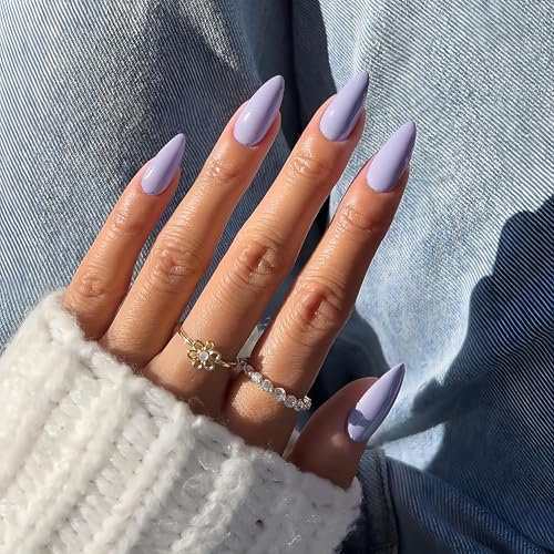 SXVME 48 Pcs Lilac Press on Nails Almond Medium Acrylic False Nails Medium Stiletto Natural Fake Nail Set Elegant Solid Color Full Cover Glossy Gel Stick on Nails for Women Daily Wear