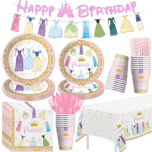 FVABO Princess Birthday Party Decorations, Princess Party Supplies Tableware For Birthday Baby Shower, Plate, Napkins, Cup, Cutlery, Tablecloth, Banner, For Girls’ Birthday Party, Serve 24