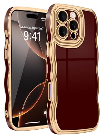 Teageo for iPhone 16 Pro Max Case Electroplated Wavy Frame for Women Girls, Cute Luxury Pure Color Soft TPU Silicone Shockproof Curly Design Bumper Phone Case for iPhone 16 Pro Max, Burgundy