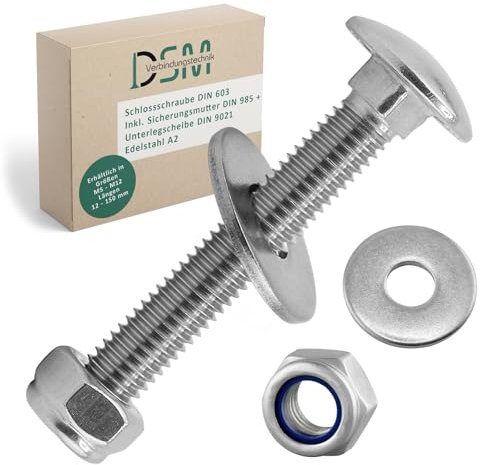 DSM - Viti a testa tonda M10 x 120 mm secondo DIN 603 - Dado di sicurezza M10 DIN 985 e rondella DIN 9021 - Acciaio inox A2/V2A - Viti a testa tonda piatta con attacco quadrato - Dadi di di arresto
