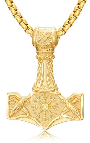 PARYFO Thor Hammer Halskette 925 Sterling Silber Herren Gold Thor Hammer Anhänger Kette Wikinger Mjölnir Kette Valknut Vegvisir Krähen Halskette Mythologie Amulett Schmuck für Männer Unisex