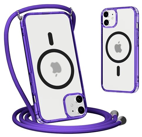 Yoedge Magnética Funda con Cuerda para iPhone 11, Compatible con MagSafe, Carcasa Mate Translúcida Delgada Silicona Anti-Choque Antiarañazos Protector Case con Ajustable Correa Colgante, Púrpura