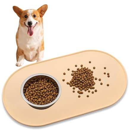 VINPAM Cat & Dog Food Mat with Raised Edges –Cat mats for food bowls, BPA-Free Silicone Non-Slip Bowl Mat for Spill Containment, Waterproof Pet Feeding Mat (Beige, 46 * 25cm)