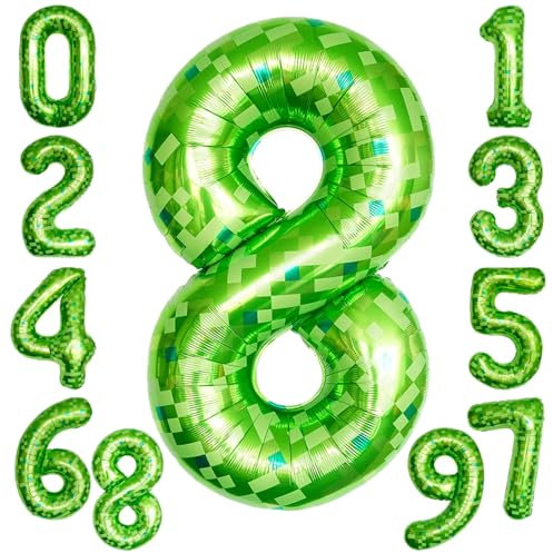 KOBOKO Grün Luftballon 8. Geburtstag Junge, 40 Zoll Folienballon Zahl 8, 101cm Ballon 8 Jahre, Luftballon Zahl Kindergeburtstag 8 Jahre Junge, Grün Pixel Miner Folienballon 8 Geburtstag Jubiläum Deko