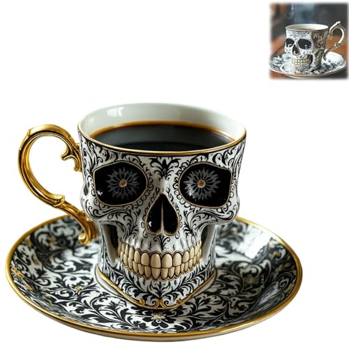 DabinFa Royal Skull Coffee Mug with Saucer Set – Gothic Porcelain Tea Cup with Gold Trim, Halloween Skull Cup Gift for Collectors & Coffee Lovers (B-Diskless)