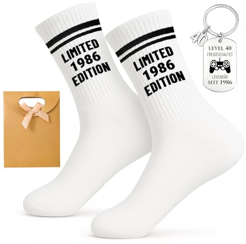 PIujsym Geschenk 40 Geburtstag Mann Set - Limited 1986 Edition Socken Eu 38-45 & Schlüsselanhänger & Geschenktüte - Lustige 40. Geburtstag Männer Geschenke & Deko, 40 Geburtstag Männer Set
