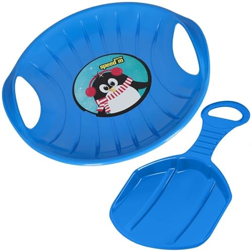 KOTARBAU® 2er Set Popo - Rutscher Kinder - Schlitten – Kunststoff Rutschteller - ø 60 cm – Rodelbahn – Schlitten zum Rodeln im Schnee – 34x53 cm - Blau