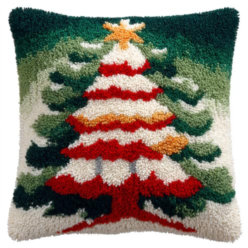 AxiangziK Latch Hook Cushion Kit,Christmas, Christmas Tree,Latch Hook Kit for Beginners Adults or Children,DIY Crochet Christmas Home Decor,17x17in