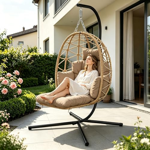 Silla Colgante con Estructura, Silla Colgante Huevo con Reposapiés, Desmontable Cojines Gruesos, Sillon Colgante para Interior & Exterior, Egg Chair Jardín, Balcón, Terraza, Hasta 150 kg - Marrón