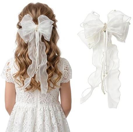 Haarschmuck Kommunion Mädchen,Haarkranz Kommunion Mädchen,Erstkommunion Haarkamm Blumenkranz mit Weiß Blüten Perlen Organza Bänder,Kopfschmuck Haarreif für Taufe Hochzeit Blumenmädchen Festliche