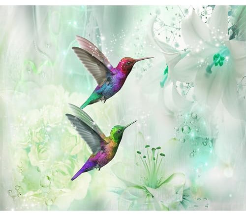 decomonkey Fototapete Blumen Vogel 350x256 cm XL Design Tapete Fototapeten Vlies Tapeten Vliestapete Wandtapete moderne Wandbild Wand Schlafzimmer Wohnzimmer Kolibri Abstrakt bunt