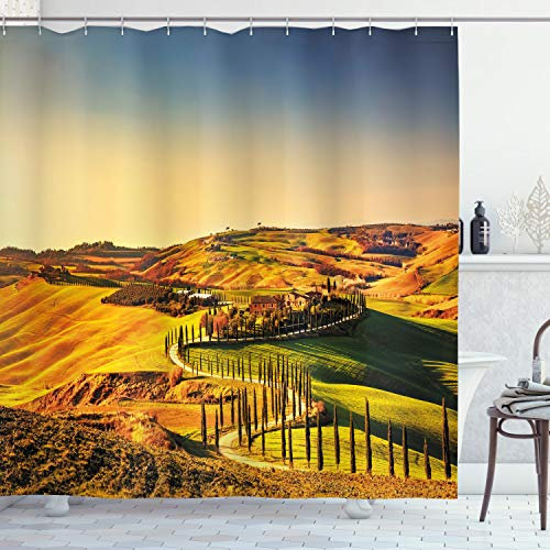 ABAKUHAUS Italien Duschvorhang, Toskana Crete Senesi, Stoffliches Gewebe Badezimmerdekorationsset mit Haken, 175 x 220 cm, Marigold Grün Blau
