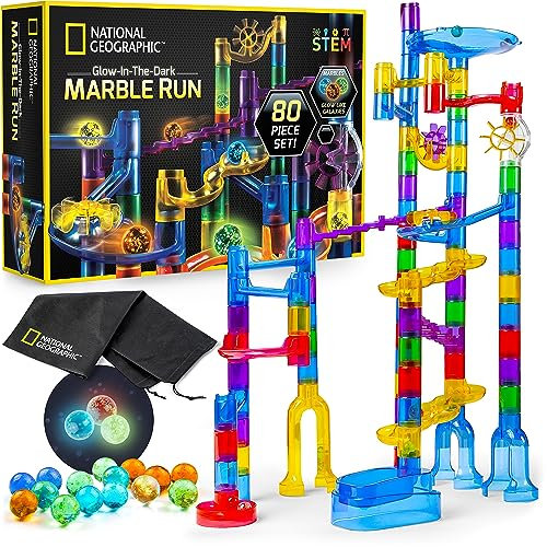 National Geographic Glowing Marble Run – 80 Piece Construction Set with 15 Glow in the Dark Glass Marbles, Mesh Storage Bag & Marble Pouch, Great Creative STEM Toy for Girls & Boys