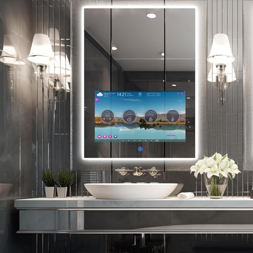 Haocrown 24x32 Inch Bathroom Vanity Mirror with 21.5 Touch Screen Smart TV, Streaming Apps, Weather Clock Date, 3 Color Dimmable LED Light, Anti-Fog Wi-Fi Bluetooth HDMI, Vertical Wall Mounted (2025)