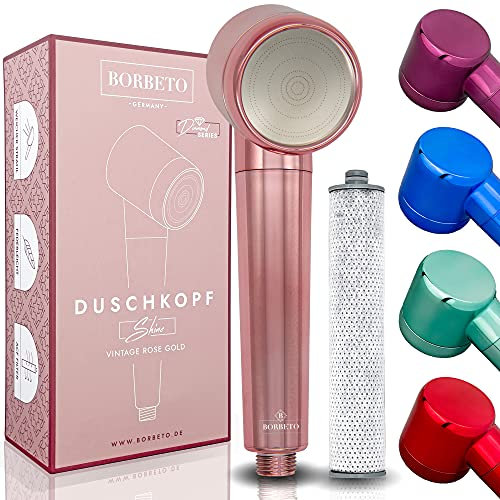 BORBETO® Duschkopf Shine VINTAGE ROSE GOLD – sanfter & reiner Wasserstrahl optimal für Haut & Haare durch Mikrodüsen & hochwertigem Wasserfilter – Wassersparende Handbrause – moderner Brausekopf