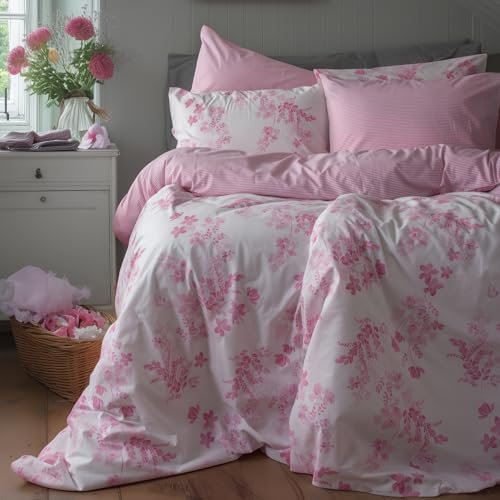 LERUUM Sommer Bettwäsche 135x200 Baumwolle Fruhling Blumen Streifen Rosa Weiß Reversibel Bettwäsche-Set 1 x Kissenbezug 80x80