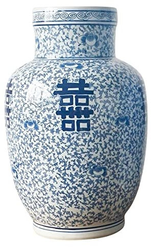 Fine Asianliving Vase Chinois Bleu Blanc Double Bonheur Porcelaine D28xH42cm Chinois Vase avec Couvercle Asiatique Jingdezhen Mandarin Décorative