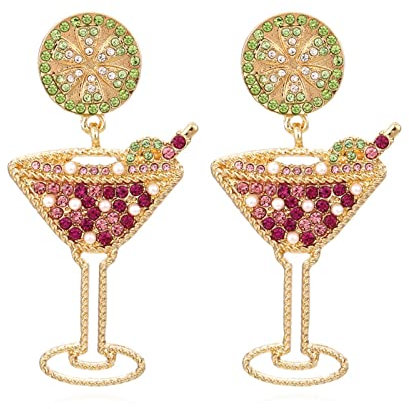 Handmade Champagne Wine Glass Dangle Earrings Colorful Shining Rhinestone Crystal Wine Bottle Earrings for Women Jewelry, Rhinestone, Rhinestone