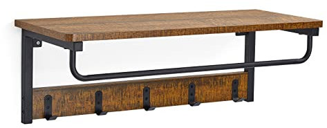 Mondeer - Porte-Manteau Mural - Étagère Murale avec 5 Crochets et Tringle en Métal Industriel pour Entrée Couloir Salle de bain Salon, 67 x 28 x 24 cm, Marron Rustique Noir