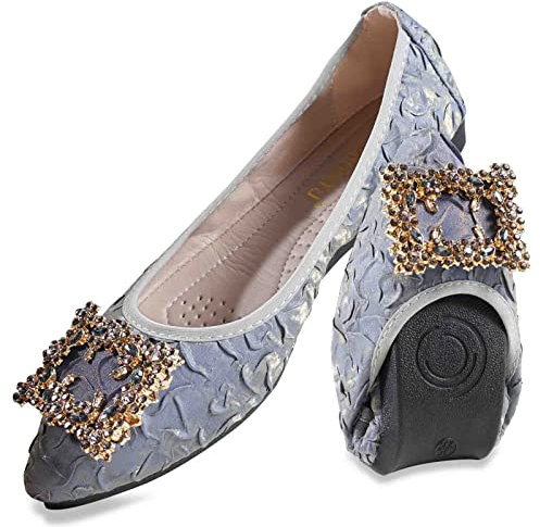 MACHSWON Women Ballet Flats Rhinestone Outdoor Wedding Ballerina Shoes Foldable Sparkly Comfort Slip on Flat Walking Shoes for Ladies(Blue Buckle, Size 5)