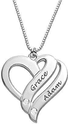 MyNameNecklace MYKA - Personalisierte 2 Herzform - Halskette mit Eingravierten Namen für Frauen - CZ oder Diamantsteine - Individueller Modeschmuck