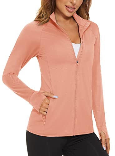 MAGCOMSEN Women's Long Sleeve Shirts UPF 50+ Sun Protection Zip Sweatshirts Hiking Running Athletic Shirts Rash Guard Apricot