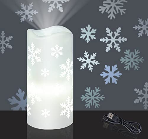 ilauke 2 in 1 Kerzen Projektor Weihnachten, 7.1 x 7.1 x 15 cm Schneeflocke Kerzen Projektorlampe wasserdichte mit 1 m langes USB-Ladekabel für Weihnachten Party Hochzeit Festival Innen