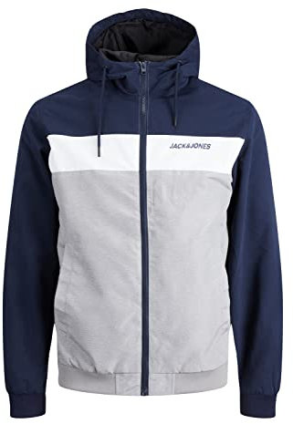 JACK & JONES PLUS Men's JJERUSH Hood Bomber NOOS PLS Bomber Jacket, Navy Blazer/Detail: White/Light Grey Melange Blocking, 6XL, Navy blazer/detail: white/light grey melange blocking, XXXXXXL