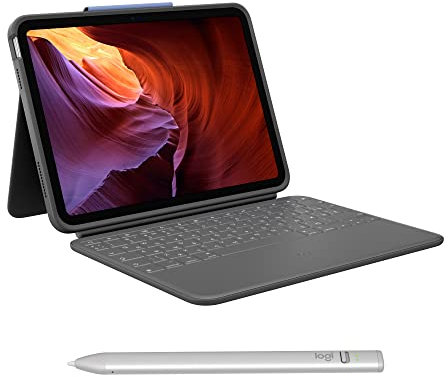Logitech Rugged Folio para iPad (10.ª generación) Funda Protectora con Teclado con Smart Connector y Teclado- Spanish Layout Crayon, lápiz Digital para iPad, USB-C - Plata