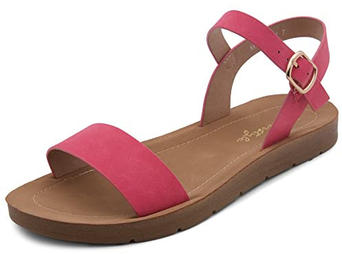 Herstyle Flat Sandals for Women – Open Toe One Band Ankle Strap Summer Dressy Sandals, Lightweight Casual Strappy Slip-On Flats with Adjustable Buckle, Fuchsia, 2 UK