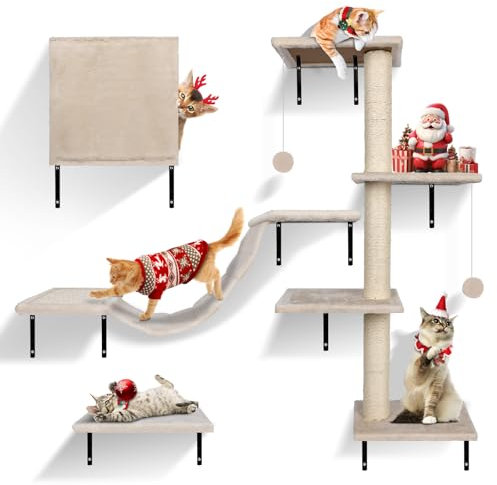 Zvonema Kletterwand für Katzen-10-teilig Katzen Kletterwand Set,Große Hängebrücke,Kratzsäulen mit Sisal,Ruhe und Spielwandregal mit Spurenkugel,Katzenmöbel für den Innenbereich bis 10 kg