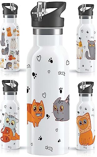 OWLBOOK® Edelstahl Trinkflasche Kinder | Wasserflasche mit Strohhalm | 600 ml | Sportdeckel | Spülmaschinenfest | Schule | Schulanfang Geschenke zur Einschulung Junge Mädchen | Katzen Freunde