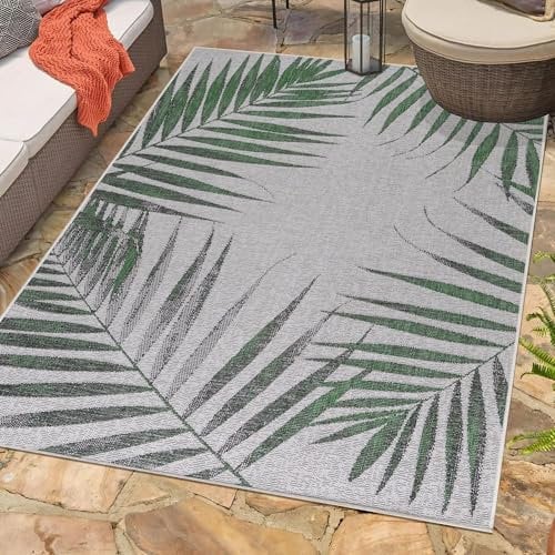 Carpetsale24 In & Outdoor Teppich Wetterfest Skandinavischer Design Grün 80 x 150 cm Läufer - Waschbarer Küchenteppich Wesserfest Palmen DesignFlachgewebe Teppiche für Balkon Terrasse Küche Wohnzimmer