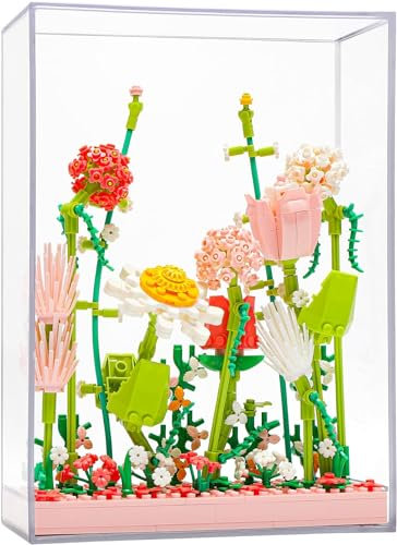 Pinke Wildblumenstrauß Bausteine Set, Blumen Bausteine Mit Acryl Vitrine, Home Deko, Botanische Sammlung, Set für Erwachsene, Nicht Kompatibel mit Lego (482 Teilige)