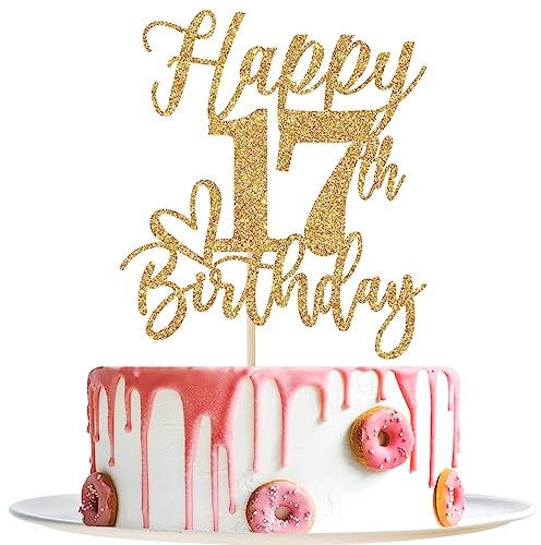 Happy 17th Birthday Cake Topper, 17th Birthday Decorations, Cheers to 17 Years, Hello 17, 17th Happy Birthday Party Supplies Gold Glitter