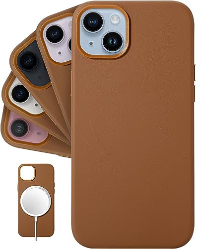 LONLI Classic - (für iPhone 15 Plus) - Europäische Nappa Leder Hülle Case - Wird im Laufe der Zeit glatter und weicher - Kompatibel mit Magsafe - Braun