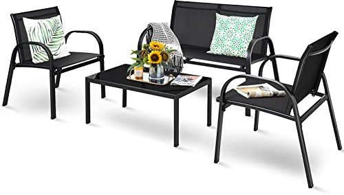 GIANTEX 4 TLG. Gartenmöbel Lounge Set, Gartenlounge Set mit Couchtisch & Gartenbank & 2 Essstühle, Textilene Balkonmöbel Set 4 Personen, Terrassenmöbel Garten Sitzgruppe Sitzgarnitur (Schwarz)