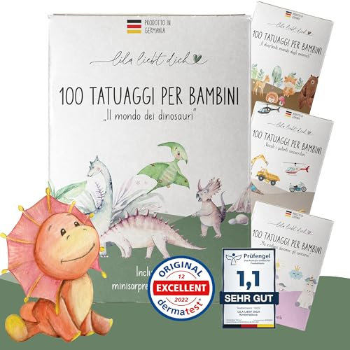 lila liebt dich® 100 tatuaggi dinosauri per bambini innocui e rispettosi della pelle | tatuaggi adesivi di dinosauri per bambini | tatuaggi per bambini delicati e testati made in Germania -it